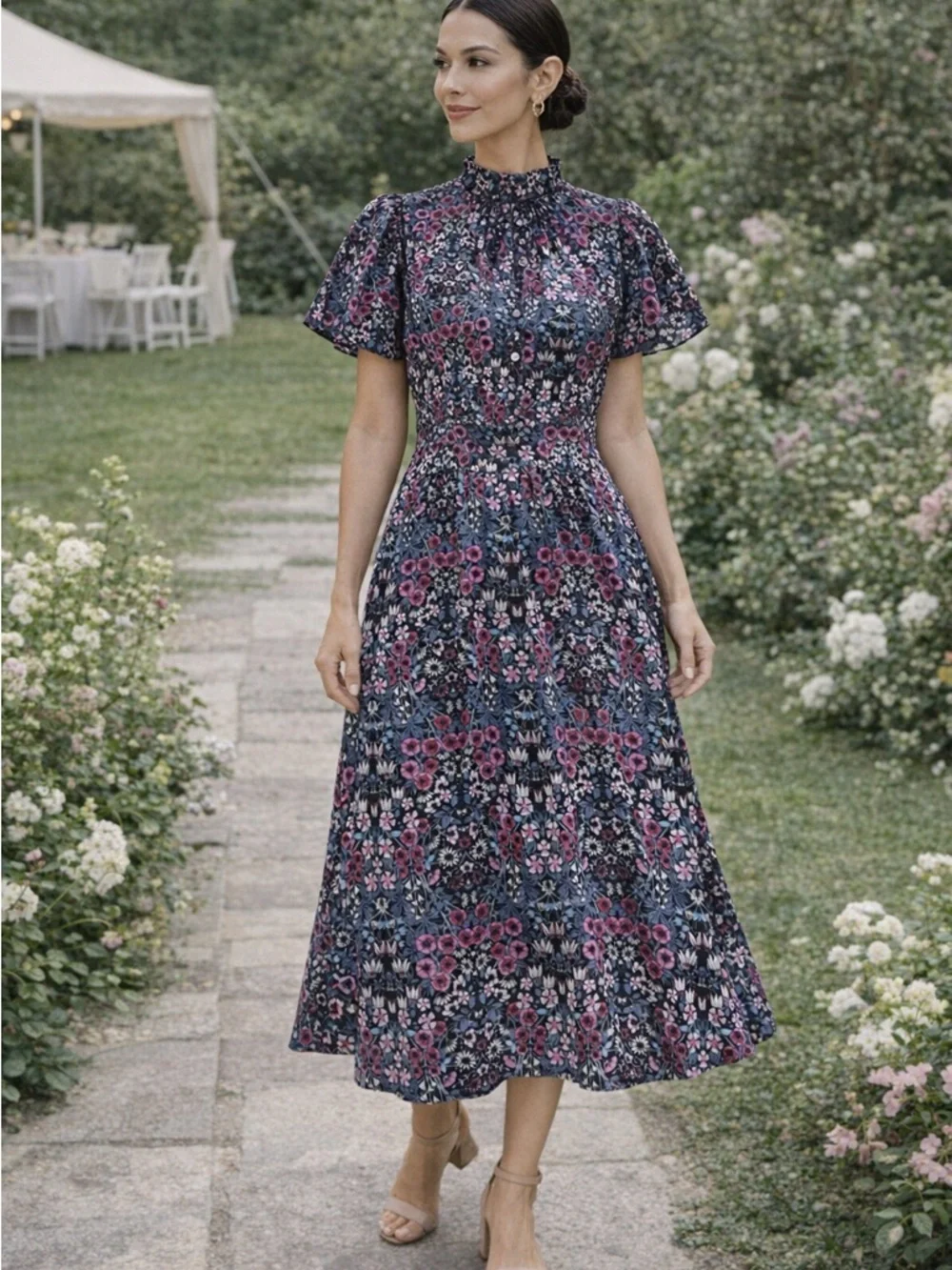 JULIA JORDAN Floral Ruffle Neck Puff Short Sleeve Midi Dress Multicolor Sz 6